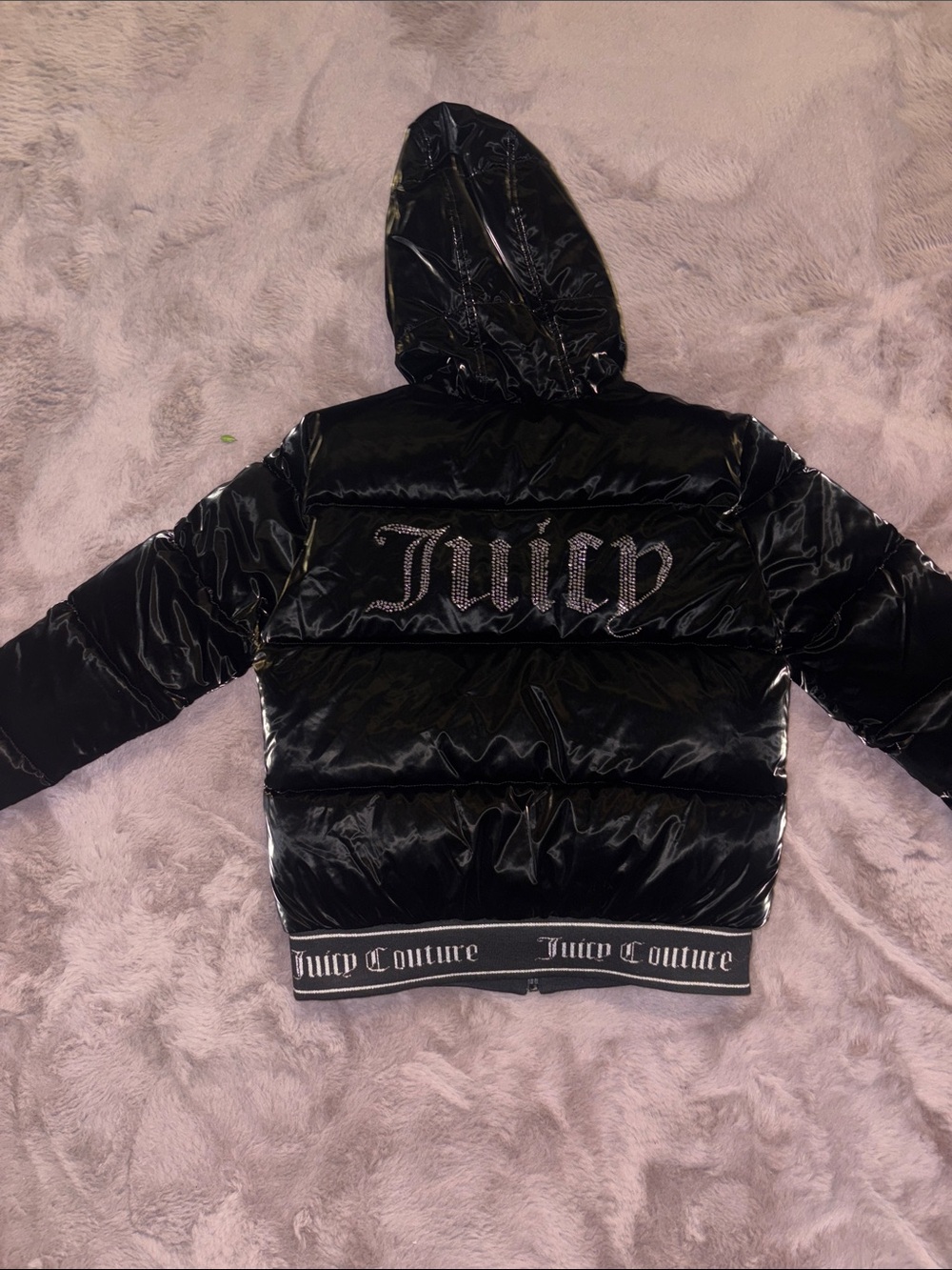 Juicy Couture Black Shiny Puffer Jacket with Rhinestone Logo
